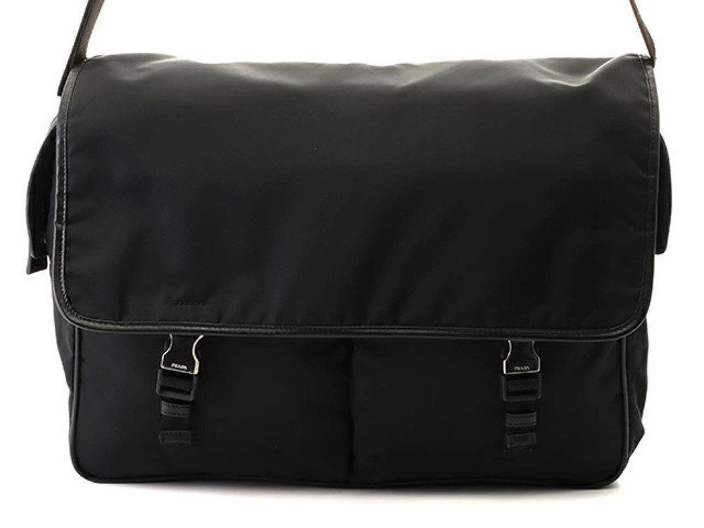 Prada messenger bag front buckle leather black
